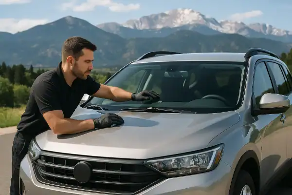 Professional technician inspecting a fresh windshield chip before repair